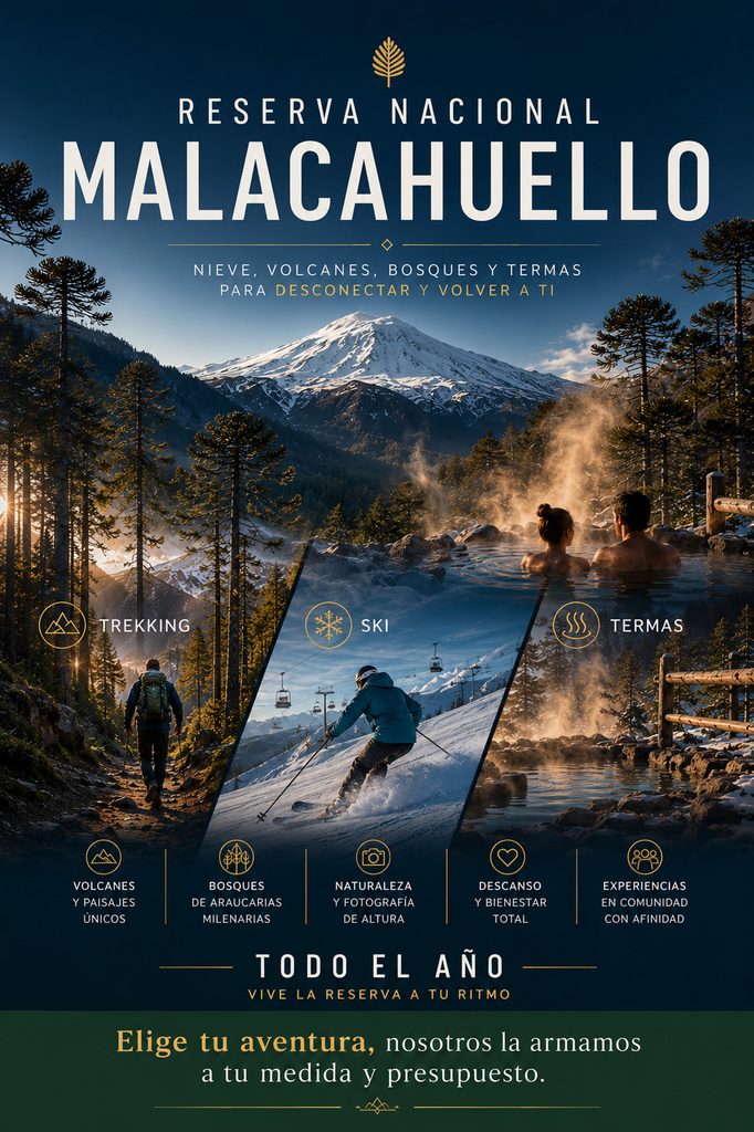 Reserva Nacional Malalcahuello en la Araucanía: trekking entre araucarias, ski en la nieve y termas junto al volcán Lonquimay.