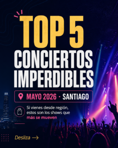 Carrusel informativo sobre los mejores conciertos en Santiago durante mayo de 2026, con recomendaciones de Jonas Brothers, Mon Laferte, Megadeth, Korn y Martin Garrix, además de una promoción especial de Enjoy Hostel en Providencia para quienes viajan desde regiones a ver shows en la ciudad.
