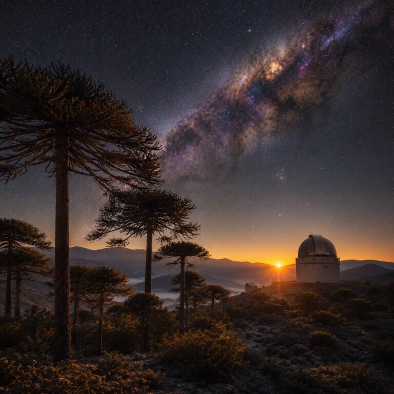 Cielo estrellado con Vía Láctea sobre bosque de araucarias y observatorio, símbolo de los ciclos de la vida, el We Tripantu, el solsticio de invierno y el regreso de la luz.