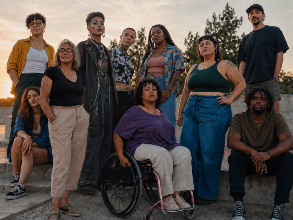 Grupo diverso de personas posando al atardecer, incluyendo una persona en silla de ruedas, una persona trans, una persona queer y una expresión drag queer, como representación del cuerpo, la identidad y la diversidad como dimensiones políticas de la convivencia.