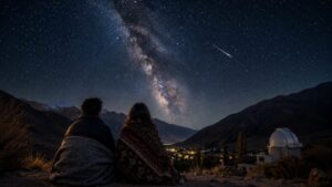 Pareja observando una estrella fugaz y la Vía Láctea sobre el Valle del Elqui durante una noche de invierno.