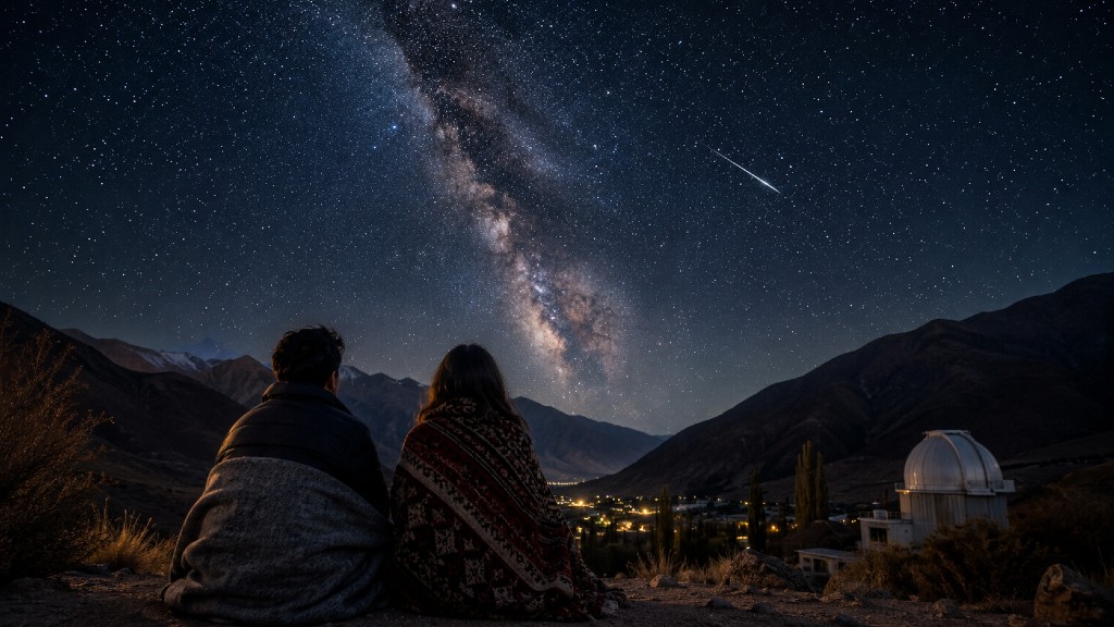 Pareja observando una estrella fugaz y la Vía Láctea sobre el Valle del Elqui durante una noche de invierno.