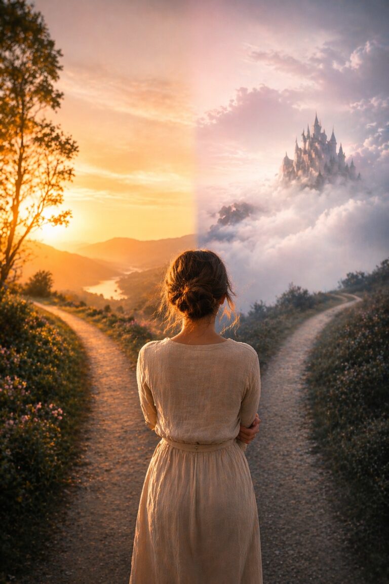 Mujer de espaldas frente a un camino dividido entre un paisaje real iluminado por el sol y un escenario etéreo que simboliza la fantasía, representando la diferencia entre deseo auténtico y carencia emocional.