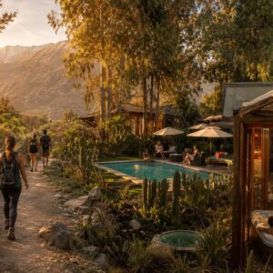 Peregrinaje para Reconectar, experiencia de trekking suave y day spa en Santiago con sendero natural, piscina, jacuzzi, spa y entorno precordillerano.