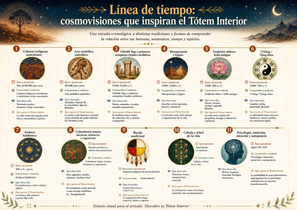 Línea de tiempo visual de las principales cosmovisiones ancestrales y espirituales que inspiran la herramienta Descubre tu Tótem Interior, desde las culturas indígenas australianas, el arte paleolítico y Göbekli Tepe, hasta la astrología, el I Ching, el Tonalpohualli, la rueda medicinal, la cábala, la psicología y la autopoiesis.