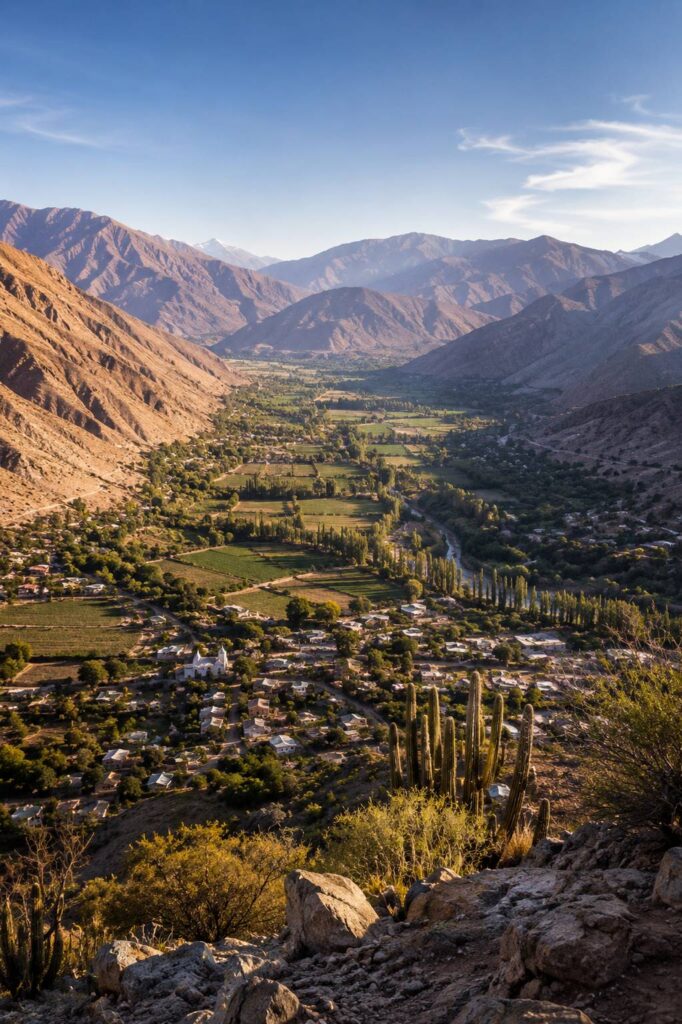 Vista panorámica de Paihuano y los cultivos del Valle del Elqui entre montañas.