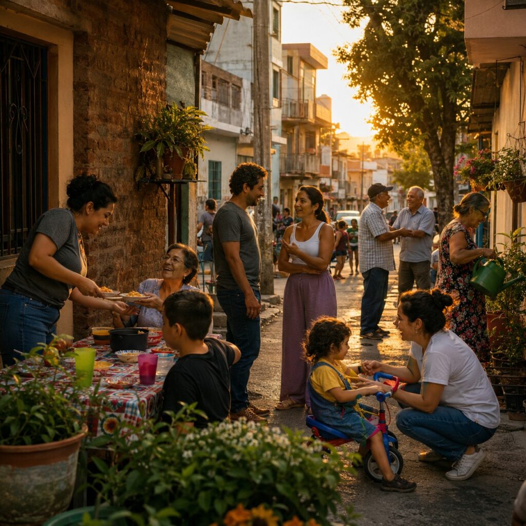 Personas compartiendo en una calle de barrio al atardecer, conversando, saludándose, cuidando plantas y conviviendo en comunidad, como representación de la política cotidiana donde se construye la cultura.