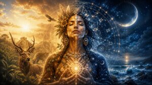 Imagen destacada de Descubre tu Tótem Interior, con una figura femenina simbólica que integra energía ancestral, naturaleza, animales de poder, cosmovisión mesoamericana, astrología zodiacal, cielo estrellado y transformación espiritual.