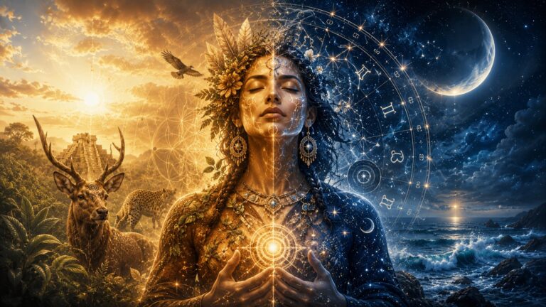 Imagen destacada de Descubre tu Tótem Interior, con una figura femenina simbólica que integra energía ancestral, naturaleza, animales de poder, cosmovisión mesoamericana, astrología zodiacal, cielo estrellado y transformación espiritual.