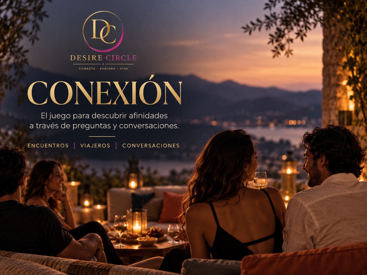 Afiche del juego Conexión de Desire Circle, una dinámica para descubrir afinidades a través de preguntas, encuentros, viajeros y conversaciones.